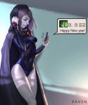  1girl beast_boy_(dc) cellphone character_name cloak dc_comics forehead_jewel grey_skin happy_new_year highres hood hyun_sung_oh leotard new_year phone purple_hair raven_(dc) short_hair smile solo teen_titans text_messaging 