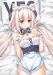  1girl :o animal_ears apron bangs bare_shoulders bed_sheet bell blue_bow blue_bowtie blue_eyes blunt_bangs bow bowtie breasts buttons cat_ears cat_tail cleavage collar cross-laced_clothes detached_collar eyebrows_visible_through_hair frilled_apron frilled_collar frills hair_bow hair_ribbon hands_on_own_chest jingle_bell long_hair looking_at_viewer low_twintails lying maid maid_headdress medium_breasts nekopara on_back open_mouth pillow ribbon ribbon-trimmed_clothes ribbon_trim solo striped striped_bow striped_bowtie tail twintails underbust vanilla_(sayori) waist_apron white_hair wrist_cuffs yes-no_pillow 