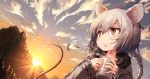  1girl animal_ears beize_(garbage) clouds commentary_request cup forest grey_hair mountain mouse_ears mouse_tail mug nature open_mouth red_eyes short_hair sky solo steam tail upper_body 