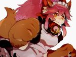  1girl alternate_costume animal_ears apron bell bell_collar breasts collar damenaito enmaided fate/grand_order fate_(series) fox_ears fox_tail large_breasts long_hair looking_at_viewer maid maid_apron maid_headdress paws pink_hair simple_background solo tail tamamo_(fate)_(all) tamamo_cat_(fate) white_background yellow_eyes 