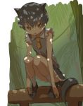  1girl animal_ears brown_eyes brown_shoes clenched_hands collar collared_shirt d: dark_brown_hair expressionless eyelashes flat_chest forest fossa_(kemono_friends) fossa_ears fossa_tail frilled_sleeves frills full_body grey_skirt hands_on_feet kemono_friends light_particles loafers long_arms looking_at_viewer nature open_mouth outdoors palm_tree plant pleated_skirt shirt shoes short_hair short_sleeves sketch skirt socks solo squatting sunlight tail tank_top tree tsurime very_short_hair vines white_shirt yoshida_on 