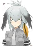  1girl bird blonde_hair breasts commentary_request expressionless green_eyes grey_hair grey_shirt hair_between_eyes hair_flaps hair_tie kemono_friends looking_at_viewer multicolored_hair necktie non_(nonzile) shirt shoebill shoebill_(kemono_friends) short_sleeves sidelocks solo staring translated twitter_username upper_body white_background 