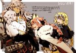  1girl armor blonde_hair blue_eyes braid carrying fate/apocrypha fate_(series) gauntlets headpiece long_hair male_focus mine_(odasol) multiple_boys open_mouth pink_hair rider_of_black ruler_(fate/apocrypha) saber_of_black short_hair sieg_(fate/apocrypha) smile trap white_hair 