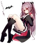  1girl arukanu bat black_dress boots bow detached_sleeves dress full_body knee_boots kou_mashiro krul_tepes long_hair looking_at_viewer owari_no_seraph pink_hair pointy_ears purple_hair red_eyes short_dress simple_background smile solo translated two_side_up vampire white_background 