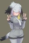  1girl bangs belt bird blush bodystocking bodysuit breast_pocket breasts collar collared_shirt eyebrows_visible_through_hair fingerless_gloves gloves grey_hair grey_legwear grey_shirt head_wings highres kemono_friends long_hair looking_at_viewer low_ponytail multicolored_hair necktie pocket shirt shoebill shoebill_(kemono_friends) short_sleeves shorts simple_background smile solo sumiyao_(amam) tail v yellow_eyes 