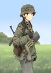  1girl absurdres blue_eyes braid brown_hair canteen commentary dirty_clothes field frown gloves grass gun helmet highres historical_event load_bearing_equipment long_hair looking_at_viewer looking_to_the_side military military_uniform millimeter mp40 nazi original shovel sky sling soldier solo submachine_gun tree twin_braids ukraine uniform weapon worktool world_war_ii 