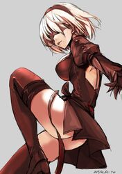  1girl 2017 ass backless_outfit bare_back blindfold dated dress hairband high_heels highres kuronuko_neero medium_hair mole nier_(series) nier_automata parted_lips puffy_sleeves silver_hair sketch solo thigh-highs yorha_no._2_type_b 