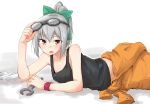  1girl bare_shoulders blush bow brown_eyes clothes_around_waist eyebrows_visible_through_hair folded_ponytail grey_hair hair_bow jumpsuit kantai_collection kodera_ju long_hair looking_at_viewer lying on_stomach open_mouth out_of_frame ponytail simple_background solo tank_top wrench yuubari_(kantai_collection) 