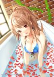  1girl arm_support bath bathtub bikini blush breasts brown_eyes brown_hair cleavage collarbone long_hair minamoto open_mouth original partially_submerged petals ponytail smile solo striped striped_bikini swimsuit water 