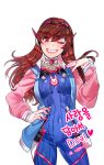  1girl animal_print bangs blue_bodysuit bodysuit breasts brown_eyes brown_hair bunny_print covered_navel cowboy_shot d.va_(overwatch) eyebrows_visible_through_hair facepaint facial_mark futo_20 grin hand_on_hip headphones heart korean legs_apart long_hair long_sleeves looking_at_viewer medium_breasts nail_polish one_eye_closed overwatch pilot_suit pink_jacket pink_nails pose ribbed_bodysuit simple_background skin_tight smile solo swept_bangs translation_request whisker_markings white_background 