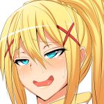  1girl blonde_hair blue_eyes blush braid darkness_(konosuba) face hair_between_eyes hair_ornament kono_subarashii_sekai_ni_shukufuku_wo! lips long_hair looking_up naughty_face open_mouth ponytail samurai_(movemusic) sidelocks smile solo sweat wavy_mouth white_background x_hair_ornament 