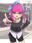  1girl aqua_eyes bangs bike_shorts blunt_bangs blush cardigan collared_shirt commentary fangs hair_ornament hand_on_hip inkling leaning_forward long_hair long_sleeves open_mouth outdoors pink_hair pointing pointing_at_viewer pointy_ears road shirt sidelocks solo splatoon street takeko_spla tears 