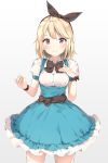  1girl alice_(wonderland) alice_in_wonderland aqua_skirt arms_at_sides bangs black_ribbon blonde_hair blouse blush breasts brown_eyes closed_mouth cowboy_shot eyebrows_visible_through_hair frilled_skirt frills gradient gradient_background hair_ribbon hand_on_own_chest highres kuran_(yourcatissick) looking_at_viewer medium_breasts original puffy_short_sleeves puffy_sleeves ribbon short_hair short_sleeves skirt smile solo suspender_skirt suspenders swept_bangs thigh-highs white_blouse white_legwear wrist_ribbon zettai_ryouiki 