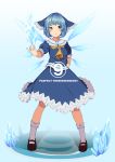  (9) 1girl adapted_costume ascot blue_eyes blue_hair bow cirno frilled_skirt frills full_body hair_bow hand_on_hip highres ice ice_wings looking_at_viewer outstretched_arm shirt short_sleeves skirt skirt_set smile socks solo standing takeka_fungi touhou wings 