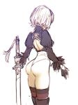  1girl ass boots from_behind gloves hairband katana kitsune_n leotard nier_(series) nier_automata solo sword thigh-highs unfinished weapon white_hair yorha_no._2_type_b 