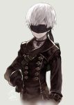  1boy 2017 artist_name bangs black_gloves blindfold choker closed_mouth commentary dated facing_viewer gloves grey_background hand_on_hip hibanar long_sleeves male_focus nier_(series) nier_automata signature simple_background solo strap upper_body white_hair yorha_no._9_type_s 