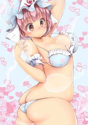  1girl ass bad_anatomy bikini blue_background blue_bikini breasts brown_eyes butt_crack chikado cowboy_shot frilled_bikini frills hat heart heart_panties heart_print hitodama large_breasts mob_cap pink_hair plump print_panties saigyouji_yuyuko short_hair skindentation solo swimsuit touhou triangular_headpiece twisted_torso undersized_clothes 