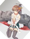  1girl bare_shoulders blue_eyes boots brown_hair detached_sleeves hands_on_own_chest hiei_(kantai_collection) highres kantai_collection looking_at_viewer nontraditional_miko plaid plaid_skirt rigging short_hair sitting sketch skirt solo soramame926 thigh-highs thigh_boots thighs turret wide_sleeves 