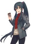  1girl :d absurdres beige_sweater black_hair black_pants breasts coffee_cup cowboy_shot eyebrows_visible_through_hair floating_hair grey_jacket hair_between_eyes hair_ornament hand_in_pocket high_ponytail highres holding jacket kantai_collection konishi_(koconatu) large_breasts long_hair looking_at_viewer official_art open_clothes open_jacket open_mouth pants red_eyes red_scarf scarf simple_background smile solo standing sweater very_long_hair white_background yahagi_(kantai_collection) 