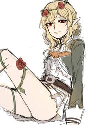  1girl bare_legs blonde_hair cranberry_(mahoiku) flower highres kuya_(hey36253625) mahou_shoujo_ikusei_keikaku rose short_hair sitting sketch smirk solo 