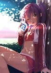  1girl ;d blush bottle breasts brown_hair buruma dappled_sunlight eyebrows_visible_through_hair gyuunyuu_bin looking_at_viewer moe2017 navel one_eye_closed open_mouth original outdoors shade short_hair side_ponytail small_breasts smile solo sunlight tan tanline track_and_field track_uniform tree v water_bottle 
