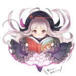  &gt;:o 1girl :o alice_in_wonderland beret black_dress black_ribbon blush book chibi dress fate/extra fate_(series) floating_hair frills full_body grey_hair hat long_hair nose_blush nursery_rhyme_(fate/extra) open_book parted_lips reading ribbon simple_background solo striped striped_ribbon violet_eyes white_background yasuyuki 