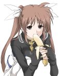 banana bodysuit breasts brown_eyes brown_hair elf_(stroll_in_the_woods) fingerless_gloves food fruit gloves hair_ribbon looking_at_viewer lyrical_nanoha mahou_shoujo_lyrical_nanoha mahou_shoujo_lyrical_nanoha_strikers medium_breasts ribbon sexually_suggestive sketch squatting takamachi_nanoha twintails white_background white_ribbon 