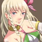  1girl 2014 artist_name blonde_hair blue_eyes blush braid brown_background dated flower hair_flower hair_ornament kona_(silent913) kyougoku_maria_(sengoku_basara) long_hair portrait sengoku_basara simple_background 