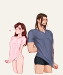  1boy 1girl ;3 age_difference arm_behind_back back-to-back black_hair breasts bridge_piercing briefs brown_hair cropped_legs d.va_(overwatch) earrings ecila facial_hair goatee grey_hair hair_down hanzo_(overwatch) heart jewelry long_hair medium_breasts no_pants overwatch panties perky_breasts piercing shirt shirt_tug sweatdrop t-shirt tattoo taut_clothes taut_shirt underwear whisker_markings white_panties 