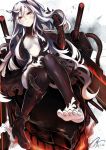  1girl 2017 :d aircraft_carrier_hime arm_guards arm_support armor armored_dress artist_name bare_legs bare_shoulders barefoot black_boots black_gloves black_nails black_serafuku black_skirt blush boots breasts breasts_apart cannon closed_mouth collarbone dated dutch_angle elbow_gloves feet full_body gloves groin kantai_collection koruta_(nekoimo) long_hair looking_at_viewer machinery medium_breasts monster nail_polish navel no_legwear one_side_up open_clothes open_mouth pale_skin red_eyes school_uniform serafuku shinkaisei-kan shirt side_ponytail signature silver_hair single_boot single_shoe sitting skirt smile soles solo toenail_polish toenails toes torn_clothes torn_shirt torn_skirt turret very_long_hair wavy_hair white_hair 