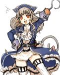  1girl captain_grace cat_tail fangs grey_hair hat highres hook_hand kuya_(hey36253625) long_hair mahou_shoujo_ikusei_keikaku mahou_shoujo_ikusei_keikaku_limited pirate slit_pupils smile solo tail thigh-highs 