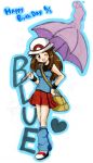  &gt;;d 1girl ;d bag bare_shoulders blue_(pokemon) blue_eyes blue_shirt blush breasts brown_hair character_name ditto full_body handbag hat head_tilt heart holding holding_umbrella leg_warmers long_hair looking_at_viewer marker_(medium) medium_breasts miniskirt motion_lines one_eye_closed open_mouth outline over_shoulder pleated_skirt poke_ball_theme pokemon pokemon_(creature) pokemon_special red_skirt shirt shoes simple_background skirt smile tank_top tongue traditional_media tsurime umbrella walking white_background white_hat white_shoes wristband yatsuhashi_otogi 