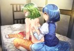  2girls alternate_costume bare_back blue_hair blue_skirt green_eyes green_hair highres indoors juliet_sleeves komeiji_koishi long_sleeves multiple_girls on_bed pajamas pants puffy_sleeves red_eyes short_hair sitting skirt smile tatara_kogasa topless touhou uu_uu_zan vest wariza 