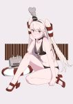  &gt;:( adapted_costume amatsukaze_(kantai_collection) bare_legs bikini black_bikini breasts brown_eyes choker eyebrows_visible_through_hair hair_ornament hairband high_heels kantai_collection long_hair navel ojipon rensouhou-kun simple_background sitting small_breasts steam swimsuit two_side_up 