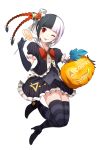  1girl ;p acquire-chan acquire_corp bangs black_gloves black_hair blunt_bangs braid candy dress elbow_gloves eyebrows_visible_through_hair food full_body gloves high_heels highres holding jack-o&#039;-lantern lollipop long_hair looking_at_viewer multicolored_hair one_eye_closed red_eyes short_sleeves solo strapless strapless_dress striped striped_legwear thigh-highs tongue tongue_out transparent_background twin_braids vertical_stripes 