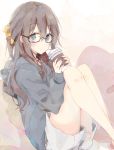  1girl barefoot blue_eyes blush brown-framed_eyewear closed_mouth coffee_cup cup eyebrows_visible_through_hair glasses grey_hair hair_between_eyes hair_ornament hair_scrunchie holding holding_cup hood hoodie long_hair looking_at_viewer original scrunchie semi-rimless_glasses shiina_kuro shorts sitting solo thighs under-rim_glasses 