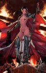  1girl armor black_hair blood bloody_clothes breasts cape dungeon_and_fighter happening18 long_hair looking_at_viewer solo violet_eyes weapon 