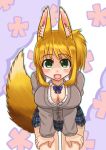  1girl absurdres animal_ears blonde_hair blush breasts cleavage dog_days fox_ears fox_tail gankon green_eyes highres large_breasts long_hair open_mouth pleated_skirt ponytail skirt smile solo tail thigh-highs uniform yukikaze_panettone 