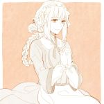  1girl alternate_costume banira_(ri0115ka) braid dress fate/grand_order fate_(series) florence_nightingale_(fate/grand_order) gloves hair_ornament hands_together long_hair monochrome smile 