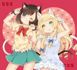  2girls ;3 animal_ears arm_up bangs bare_shoulders black_hair blonde_hair blue_eyes blunt_bangs blush bow bowtie cat_ears cat_tail dress fake_animal_ears fake_tail female_protagonist_(pokemon_sm) floral_print frilled_shirt frilled_shirt_collar frills green_eyes heart heart_background kazuru_wa lillie_(pokemon) multiple_girls one_eye_closed paw_pose pokemon pokemon_(game) pokemon_sm puffy_sleeves ribbon scrunchie shirt short_hair short_sleeves skirt sleeveless sleeveless_dress tail 