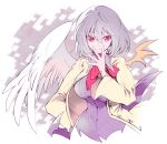  1girl asymmetrical_wings bow bowtie cropped_torso dress feathered_wings hair_between_eyes hand_over_face ichizen_(o_tori) jacket kishin_sagume looking_at_viewer purple_dress red_bow red_bowtie red_eyes short_hair silver_hair smile solo touhou upper_body white_jacket white_wings wide_sleeves wings yellow_wings 