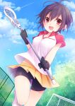  1girl :d antenna_hair bangs bike_shorts black_gloves black_hair blue_sky blush breasts clouds cloudy_sky dutch_angle eyebrows_visible_through_hair fang gloves hair_between_eyes highres holding kuroi_(liar-player) lacrosse lacrosse_stick leg_up looking_at_viewer medium_breasts moe2017 open_mouth original outdoors pink_eyes pleated_skirt short_hair short_sleeves shorts_under_skirt skirt sky smile solo standing standing_on_one_leg yellow_skirt 