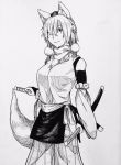  1girl adapted_costume animal_ears bangs breasts bridal_gauntlets cowboy_shot detached_sleeves fangs_out greyscale hair_between_eyes hair_over_one_eye hakama_pants hat highres hip_vent inubashiri_momiji large_breasts looking_at_viewer monochrome ozma_(yozakura) pom_pom_(clothes) sheath sheathed short_hair slit_pupils solo tail tokin_hat touhou traditional_media turtleneck wide_sleeves wolf_ears wolf_tail 