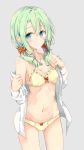 1girl aqua_eyes blue_eyes bow bow_panties bra breasts cleavage cowboy_shot flower green_hair hair_between_eyes hair_flower hair_ornament lace lace-trimmed_bra long_hair long_sleeves looking_at_viewer low_twintails medium_breasts navel no_pants off_shoulder open_clothes open_shirt original panties red_bow shiina_kuro shirt simple_background sketch solo twintails underwear undressing white_shirt yellow_bra yellow_panties 