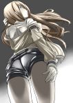  1girl ass brown_hair dri_(drinker-dor) from_behind from_below grey_background hand_in_hair highres jacket long_hair looking_at_viewer makise_kurisu shorts skindentation solo steins;gate thighs wind wind_lift 
