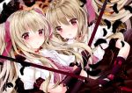  2girls :o bangs black_gloves blonde_hair blouse blush chestnut_mouth dutch_angle eyebrows_visible_through_hair feathers floating_hair gloves hair_between_eyes hair_ribbon holding light_brown_hair long_hair looking_at_viewer multiple_girls nanase_nao one_side_up open_mouth original partly_fingerless_gloves pink_eyes puffy_short_sleeves puffy_sleeves purple_ribbon ribbon short_sleeves siblings sisters twins two_side_up white_blouse 