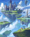  ame_sagari building clouds day floating_castle floating_island highres house no_humans original river rock scenery sky tree water 