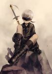  1boy black_gloves blindfold boots choker double-breasted gloves long_sleeves male_focus nier_(series) nier_automata noeyebrow_(mauve) shorts silver_hair sitting socks solo sword weapon yorha_no._9_type_s 
