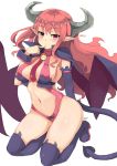  1girl bat_wings blush breasts demon_girl demon_tail disgaea finger_in_mouth highres horns long_hair looking_at_viewer medium_breasts midriff navel pink_eyes pink_hair pointy_ears red_eyes revealing_clothes solo succubus succubus_(disgaea) tail thigh-highs tinpam wings 