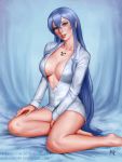  1girl 2017 akame_ga_kill! blue_eyes blue_hair breasts cleavage esdeath hand_on_own_thigh head_tilt highres large_breasts light_blush long_hair looking_at_viewer mirco_cabbia naked_shirt no_bra shirt sitting smile solo tattoo very_long_hair watermark yokozuwari 